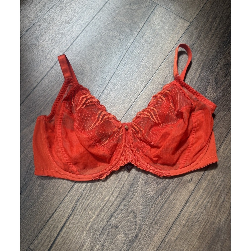 Natori Orange Lace Mesh Underwire Bra 38DDD Sheer Unlined Full Coverage